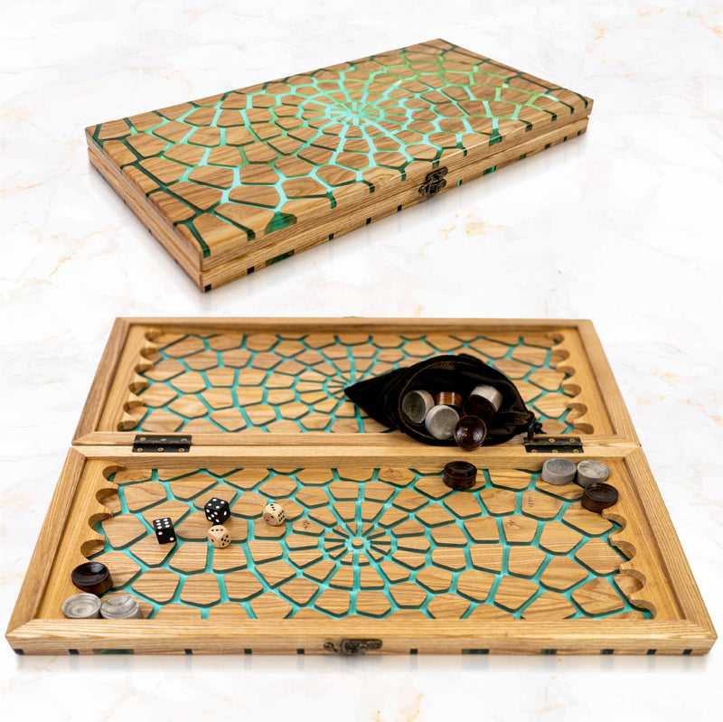 Handmade backgammon made of natural wood and epoxy resin