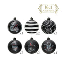 Black Gothic 16-Piece Baubles with Skulls, Skeleton Hands, Horror Prints & Striped Designs