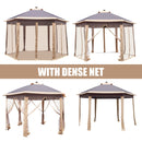 Ainfox 12'x12' Hexagonal Outdoor 2-Tier Pop up Gazebos Canopy with Solar Led Light Sheters with Mosquito Netting for Patio, Lawn, Garden, Khaki