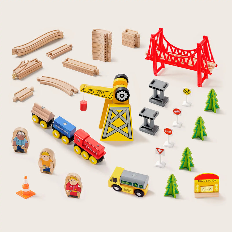 Tiny Land® Wooden Track Trains 55 Pcs