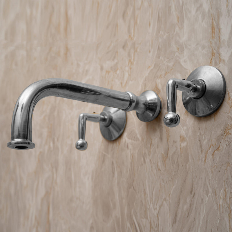 Unlacquered Brass Wall Mount Bathroom Faucet with Double Lever Handle and Rough-in Valve