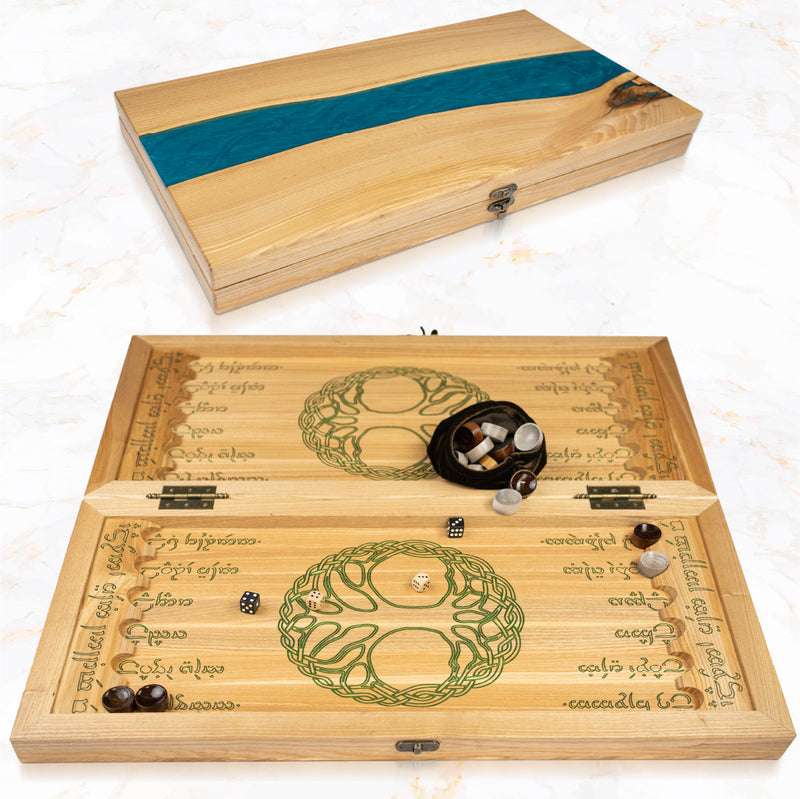 Handmade backgammon made of natural wood and epoxy resin