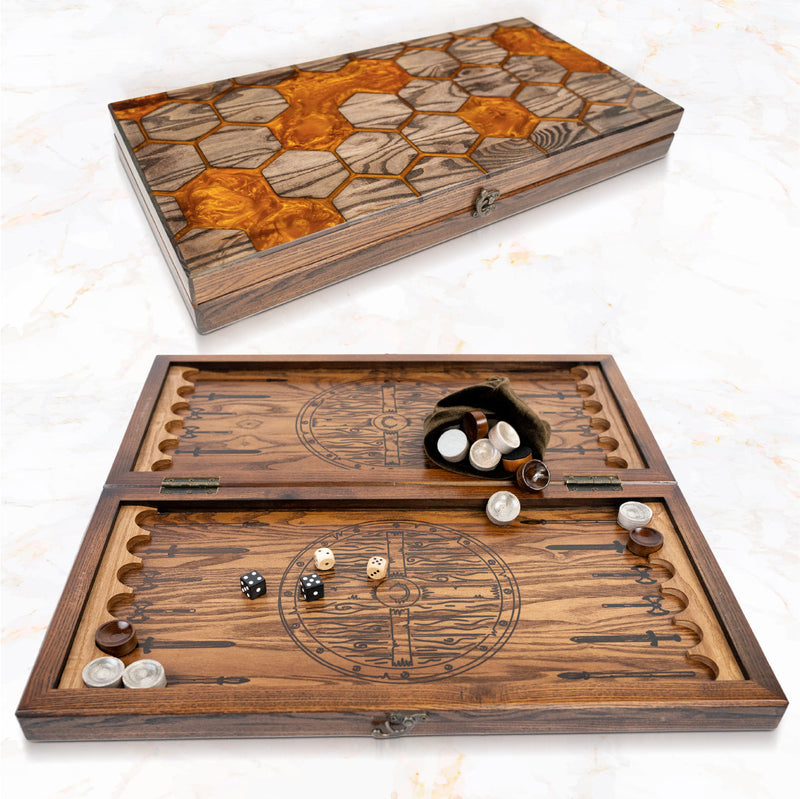 Handmade backgammon made of natural wood and epoxy resin