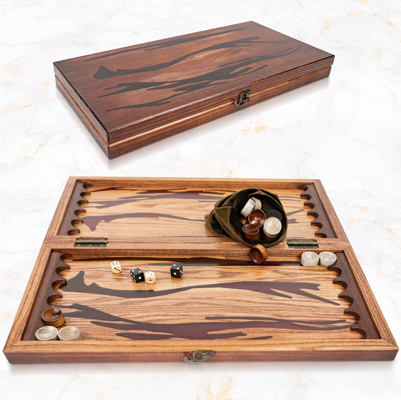 Handmade backgammon made of natural wood and epoxy resin