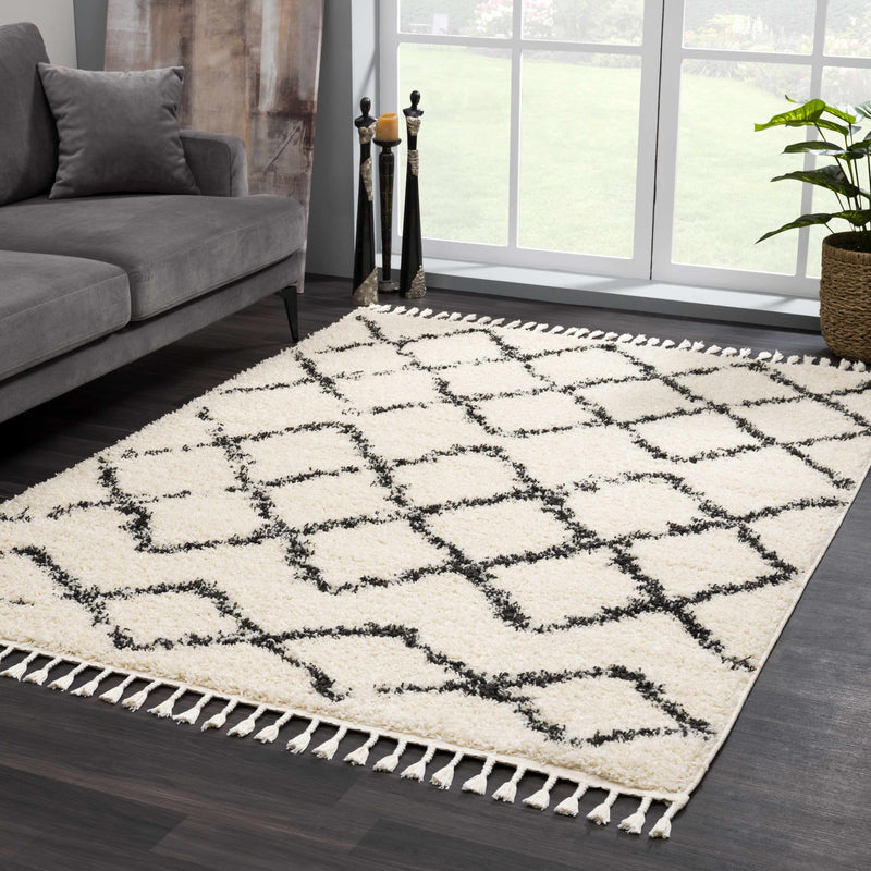 Wallagrass Beige/Black Trellis Tassel Shag