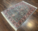 Silk Indian Kashmiri Rug 4x6, Tree of Life Pattern, Birds, Fine 290 KPSI, Navy Blue and Red, Handmade Oriental Carpet