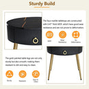19.6" Easy Assembly End Tables with High Gloss Faux Marble Tabletops, Set of 2, Modern Fluted 2 Side Tables with Drawers, Round Coffee Tables with Golden Legs for Living Room, Black