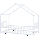 Twin Size Metal House Bed with Twin Size Trundle, White