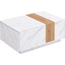 Modern 35.4 x 23.6 Inch Two-tone Coffee Table with Faux Marble and Walnut Wood Grain Finish, Rectangular Center Table with 2 Storage Drawers, Practical Cocktail Table for Living Room, White