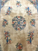 Chinese Wool Rug 8x11, Peking Asian Oriental Carpet, Cream/Ivory and Blue, Vintage Handmade Rug, Art Deco Rug