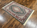 Sino Persian Rug 4x6, Wool with Silk Highlights, Fine Hand Knotted Carpet, Green & Maroon Red, Herati Medallion, Vintage Rug