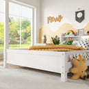 Full Pine Wood Bed with Bookcase Headboard ,LED Motion Sensor Light, Bed Guardrails,White