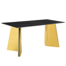 Table and chair set.63'x31.5x30'Black Texture With Lines Patterned Sintered Stone Table with Golden Stainless Steel Butterfly Legs.Paried With 4 Black High-quality PU Chairs With Golden Metal Legs.