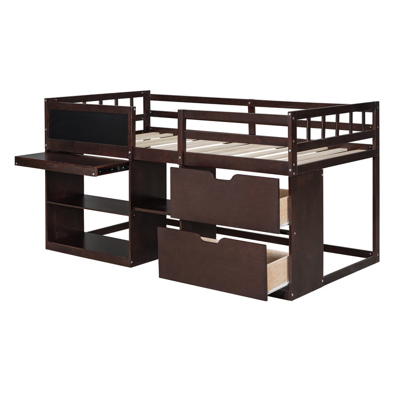 Twin Size Low Loft Bed with Rolling Desk, Shelf and Drawers - Espresso