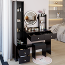 Full Body Mirror Cabinet + Round Mirror LED Vanity Table + Cushioned Stool, With 2 AC + 2 USB Power Station,17' diameter LED Mirror, Touch Control, 3-color, Brightness adjustable, Large Desktop