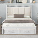 Full Size Wood Platform Bed with Upholstered Headboard and 2 Drawers, White