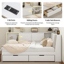Wooden Twin Size L-shaped Daybed Corner Bed Under-bed Drawers  with Storage Bookcase and Upholstered Headboard and USB Charging Ports for Limited Space,White