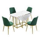 TOPMAX Space-Saving 5-Piece Extendable Kitchen Dining Table Set for Small Spaces - Round Faux Marble Top with Golden Frame, 4 Upholstered Chairs, Compact Foldable Design,White+Green