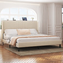 King Size Platform Bed, Metal Frame with Charging Station, Beige, Wood and Metal, 79.92 x 77.95 x 47.24 inches