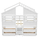 Full Size House Loft Bed with Roof, Windows,4 Storage Drawers,Pine Wooden Bed with Safety Guardrails,Ladder,White