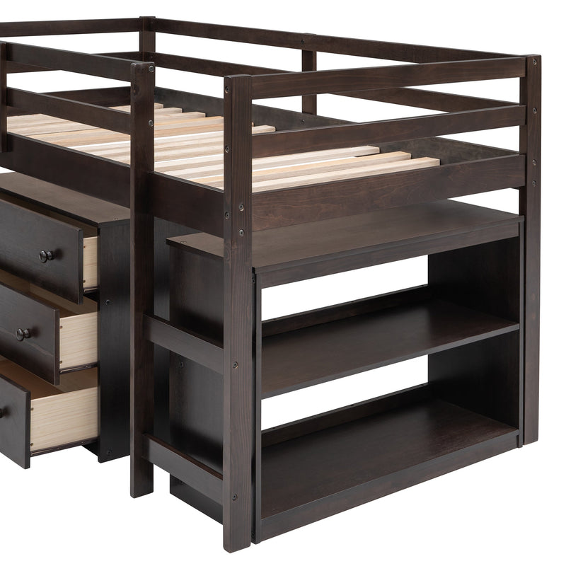 Low Study Twin Loft Bed with Cabinet and Rolling Portable Desk - Espresso