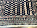 Pakistani Bokhara Rug 8x10, Turkoman Carpet, Dark Blue and Beige, Vintage Handmade Wool Carpet