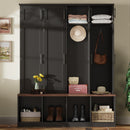 [Assembly Video Provided] Farmhouse Hall Tree with 4 Hidden Hanging Hooks, Versatile Walnut Seating Bench with 8 Doors, Entryway Shoe Cabinet with Open Compartments for Living Room, Black