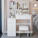 37' Middle Size Left Bedside Cabinet Vanity Table + Cushioned Stool, Extra Large Right sliding mirror, Multi Layer High Capacity Storage, Practical Fashionable Dresser, Suitable For Large Space