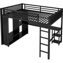 Full XL Size Loft Bed Frame with Built-in Wardrobe, Metal Loft Bed with Desk and Storage Shelves, Black