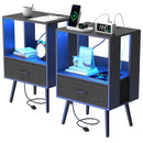 2 Pack Modern Nightstand with Charging Station, Bedside Tables with LED Light and Fabric Drawers