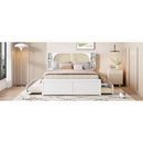 Queen Size Rattan Headboard Bed with Two Drawers and Trundle, White