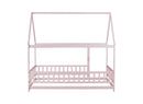 Full Size House Floor Wooden Bed with Roof Frame, Safety Guardrails,Pink