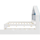 Full Size House-Shaped Bed with Bookcase Headboard and Led Light and Twin Size Trundle for Kids Boys Girls, Blue+ White
