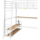 Full Size Metal Loft Bed with Desk, Storage Shelves and Charging Station, White