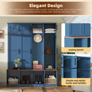 [Assembly Video Provided]  Farmhouse Hall Tree with 4 Hidden Hanging Hooks, Versatile Walnut Seating Bench with 8 Doors, Entryway Shoe Cabinet with Open Compartments for Living Room, Blue
