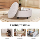 Beige Polyester Circular Storage Ottoman With Tray