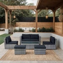 6 Piece Patio Wicker Sectional Set Patio Backyard Conversation Set Space Saving Grey Wicker + Black Cushion