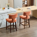 Mid Century Modern Counter Height Bar Stools Set of 2, Farmhouse Linen Fabric Upholstered Accent Chair Curved Backrest with Copper Nails around,Kitchen Chairs with Hardwood Frame, Orange