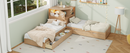 L-Shaped Combination Twin Bed with Trundle and Drawer,3-in-1 Low Corner Platform Bed Linked with Built-in Desk and Led Downlight, Natural