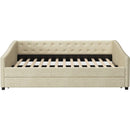 Full Size Daybed with Twin Size Trundle Upholstered Tufted Sofa Bed, with Button on Back and Copper Nail on Waved Shape Arms-Beige