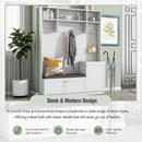ON-TREND Elegant Design Hall Tree with Comfort and Storage Solutions, Functional Hallway Shoe Cabinet with Bench&Cushion, Modern Coat Rack with Hooks for Entryways, White (OLD SKU: SD000026AAK)