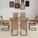 Table and chair set.A minimalist retro rectangular dining table with a textured top and black metal legs.Paired With 6 Brown technology fabric chairs with Featuring arched black legs.