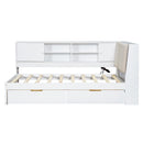 Wooden Twin Size L-shaped Daybed Corner Bed Under-bed Drawers  with Storage Bookcase and Upholstered Headboard and USB Charging Ports for Limited Space,White