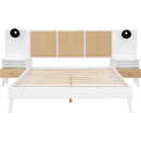Queen Size Solid Wood Bed Frame with 2 Nightstands, Elegant Design with Lamps, Rattan and Wood Combination,White