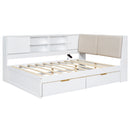 White Wooden Full Size L-shaped Daybed with Storage Bookcase, Upholstered Headboard, USB Charging Ports