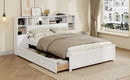 White Wooden Storage Bed with Tall Extended Bookcase Headboard, 6 Drawers and Charging Station for Teens Adults, No Box Spring Needed,Full