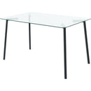 Modern simple table with a glass square table and four chairs.  Transparent tempered glass countertop, black metal legs, suitable for kitchen living room dining room (set of 5)
