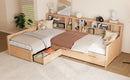 Twin Size Wooden L Shaped Daybed with Under-bed Trundle and Storage Drawer, Versatile Corner Bed Frame with Bookcases for 3, Natural