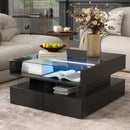 U-Can Lift-Top Coffee Table with 2 Drawers, Modern Square Coffee Table with Glass Top and High-Gloss Finish, Hidden Space and LED Lights for Living Room