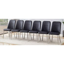 6 modern dining chairs, sleek PU backrest, and silver metal legs bring a comfortable home experience to the kitchen, bedroom, and office.Black PU Chairs with Simple Line Designs On The Backrest.